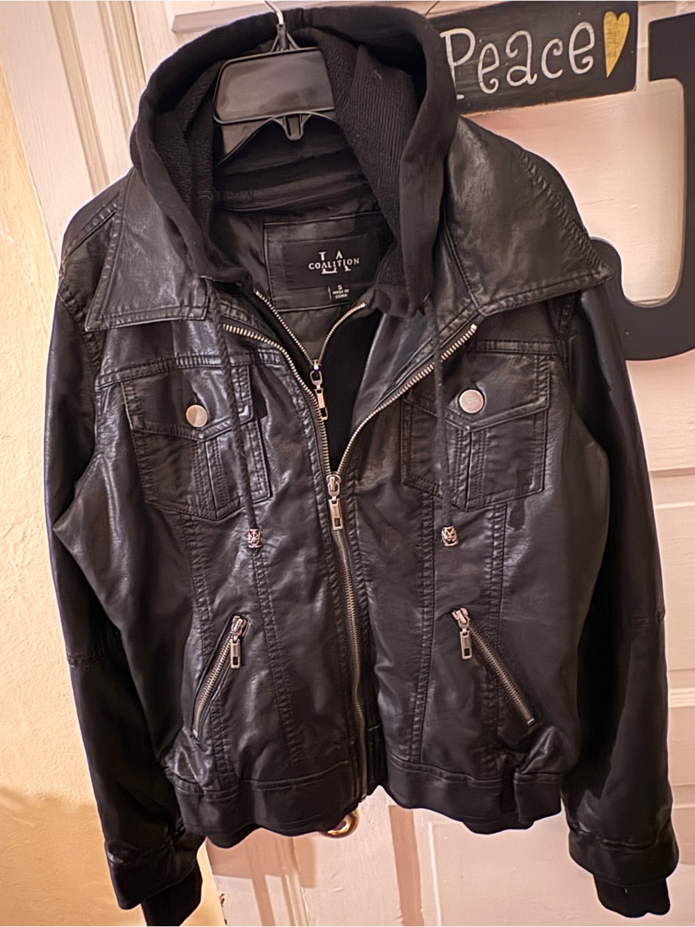 Coalition Black Faux Leather Hooded Moto Jacket for Women. Pit to pit is 19.